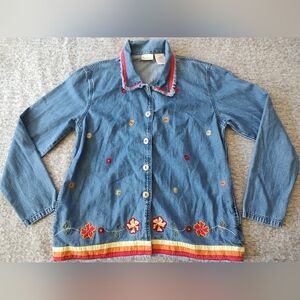 Women’s Embroidered Denim Jacket Floral Trim Blue 100% Cotton Medium